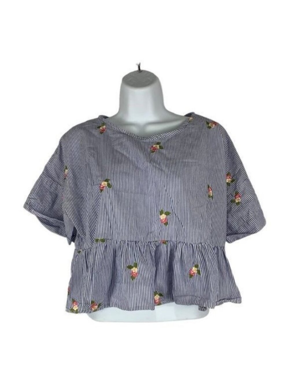 Zara Basic Collection Womens Size M Striped Floral Embroidered Peplum Blouse